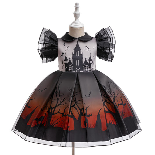 Kids Black Puffy Bat Print Witch Dress for Halloween Cosplay | Ages 3-10