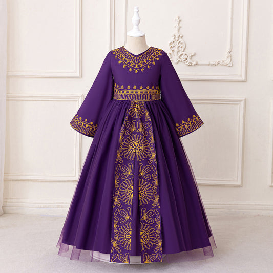 Girls' Purple Floral Maxi Dress with Bow – A-Line Formal Party Gown for Kids
