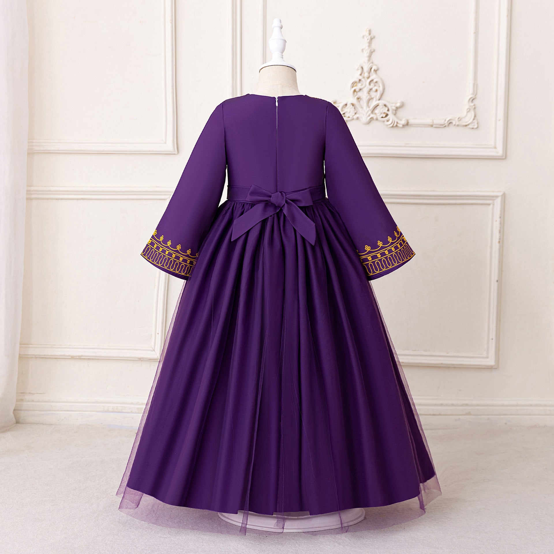 Girls' Purple Floral Maxi Dress with Bow – A-Line Formal Party Gown for Kids