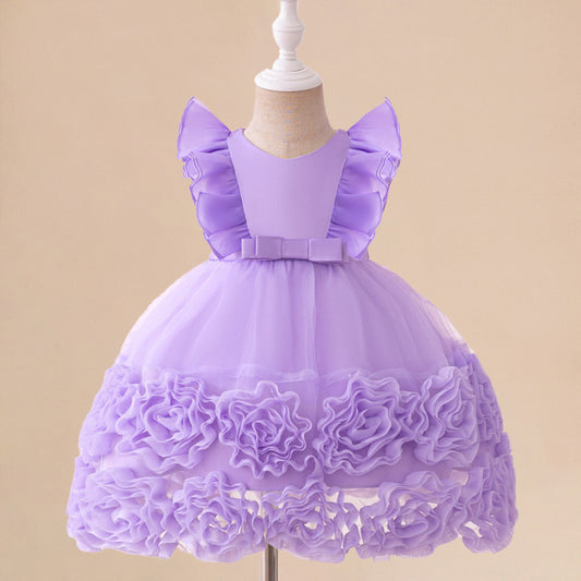 Lavender A-Line Princess Dress with Puff Sleeves for Kids – Tea Length Flower Girl Gown