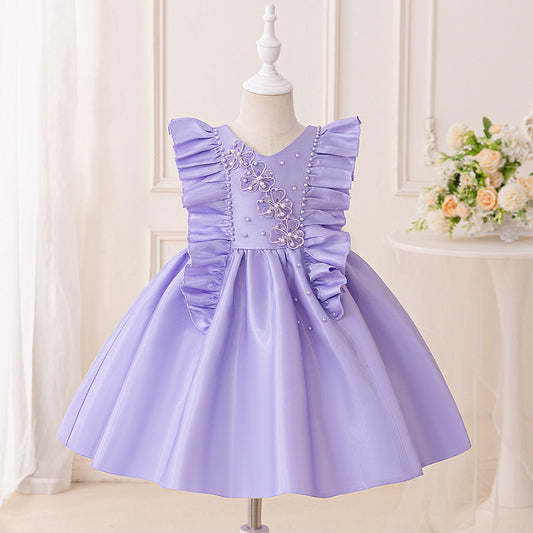 Lavender A-Line Bowknot Flower Girl Dress – V-Neck Sequin Kids Party Gown