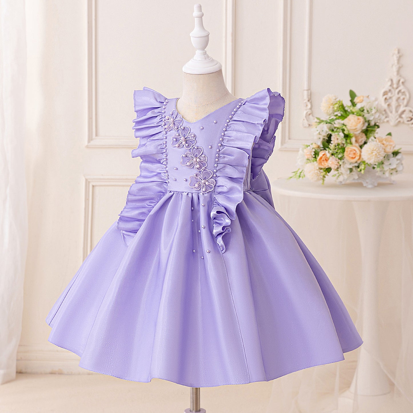 Frocklet Lavender A-Line Bowknot Flower Girl Dress – V-Neck Sequin Kids Party Gown 3