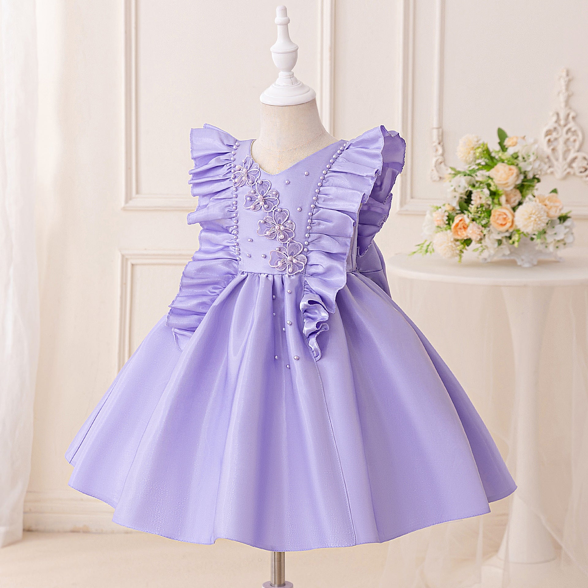 Frocklet Lavender A-Line Bowknot Flower Girl Dress – V-Neck Sequin Kids Party Gown 3