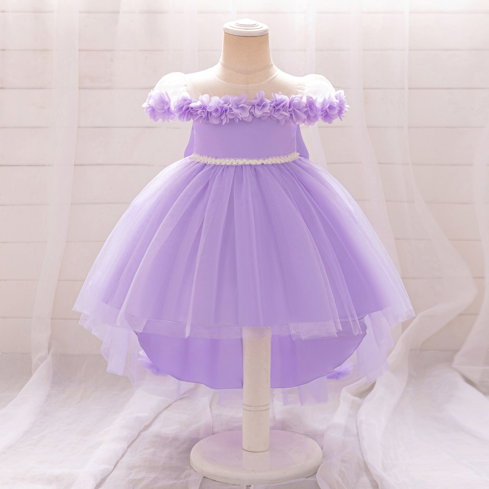 Lavender Puffy Tulle Ball Gown Dress for Girls with Floral Appliqué and Bowknot