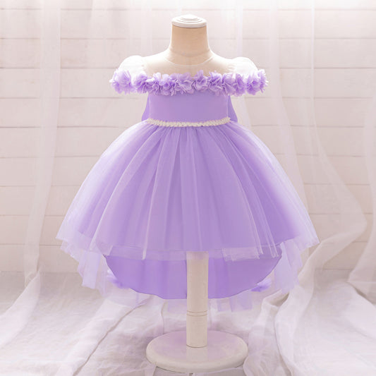 Lavender Puffy Tulle Ball Gown Dress for Girls with Floral Appliqué and Bowknot