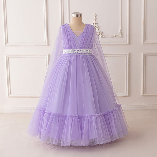 Lavender Tulle A-Line Princess Maxi Dress with Lace for Girls
