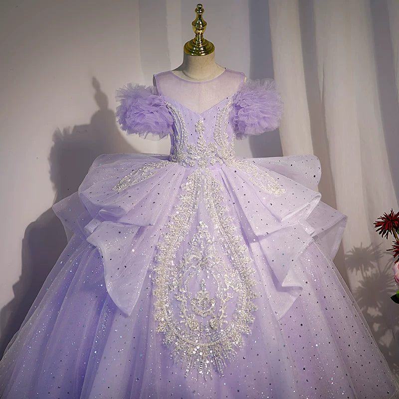 Lavender A-Line Mesh Maxi Dress for Girls with Sequins & Beads