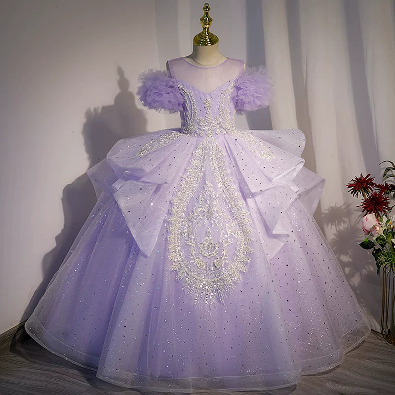 Lavender A-Line Mesh Maxi Dress for Girls with Sequins & Beads