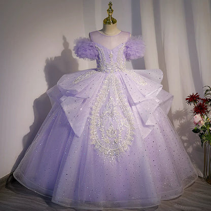 Lavender A-Line Mesh Maxi Dress for Girls with Sequins & Beads