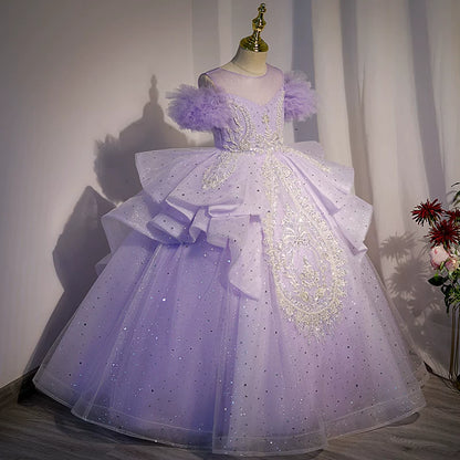 Lavender A-Line Mesh Maxi Dress for Girls with Sequins & Beads