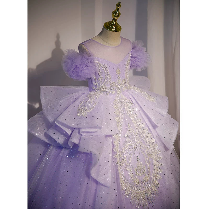 Lavender A-Line Mesh Maxi Dress for Girls with Sequins & Beads