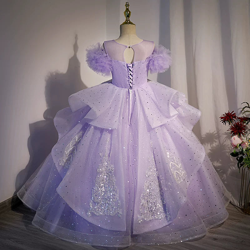 Lavender A-Line Mesh Maxi Dress for Girls with Sequins & Beads