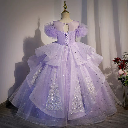 Lavender A-Line Mesh Maxi Dress for Girls with Sequins & Beads