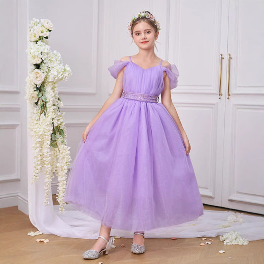 Lavender Off Shoulder Tulle Maxi Dress for Girls – A-line, Sequins & Beads, Party & Wedding