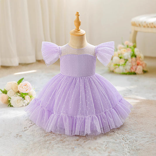 Lavender Polka Dot Princess Dress for Girls – Knee-Length Tulle Party Outfit