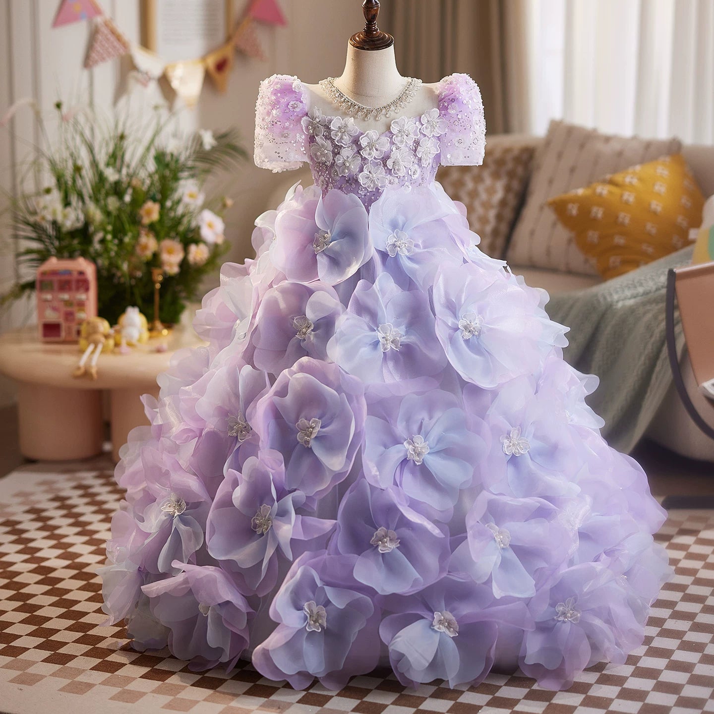 Lavender Princess A-Line Maxi Dress for Girls with Appliqué, Sequins & Beads | Floor Length Flower Girl Gown