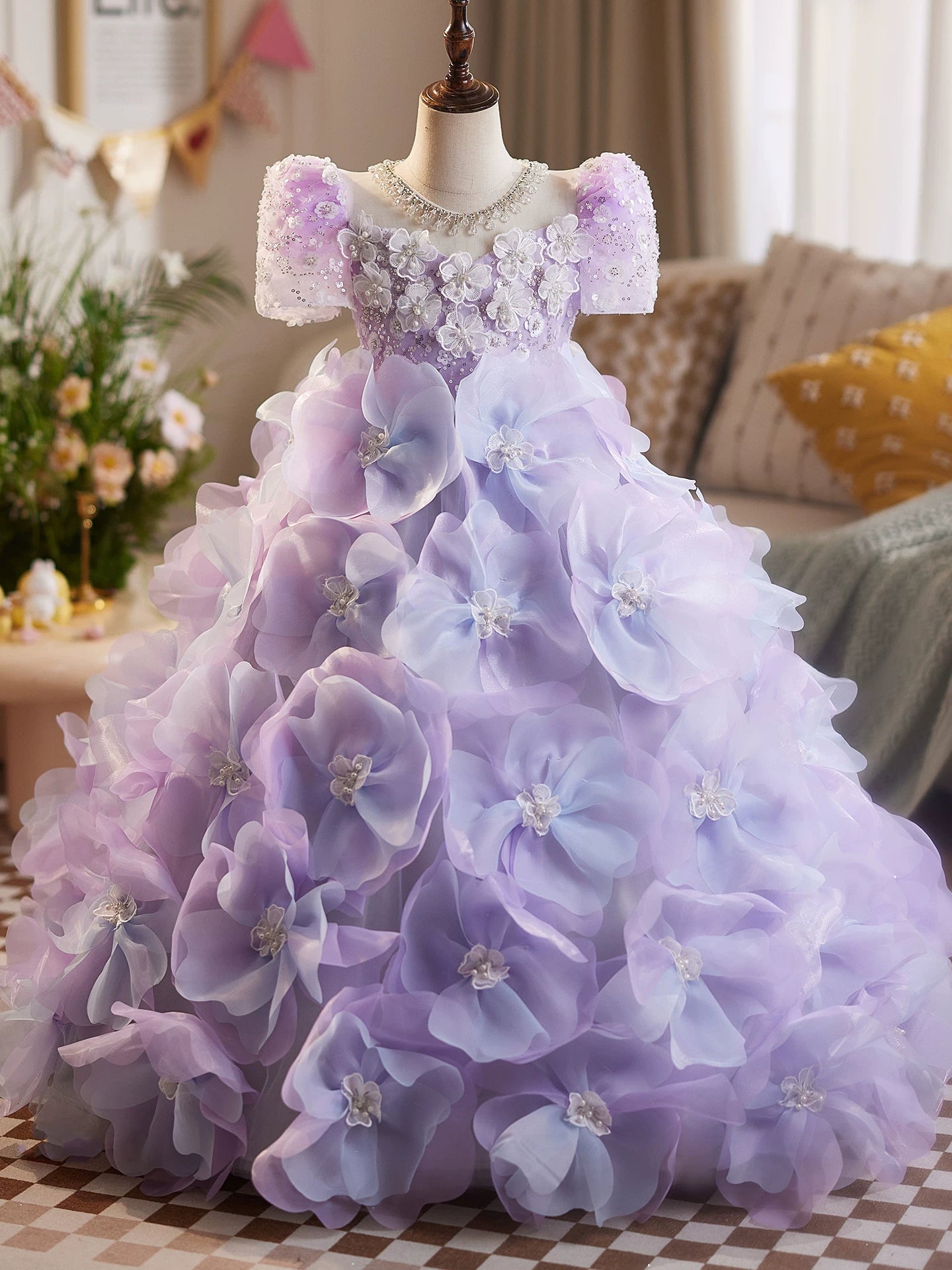 Lavender Princess A-Line Maxi Dress for Girls with Appliqué, Sequins & Beads | Floor Length Flower Girl Gown