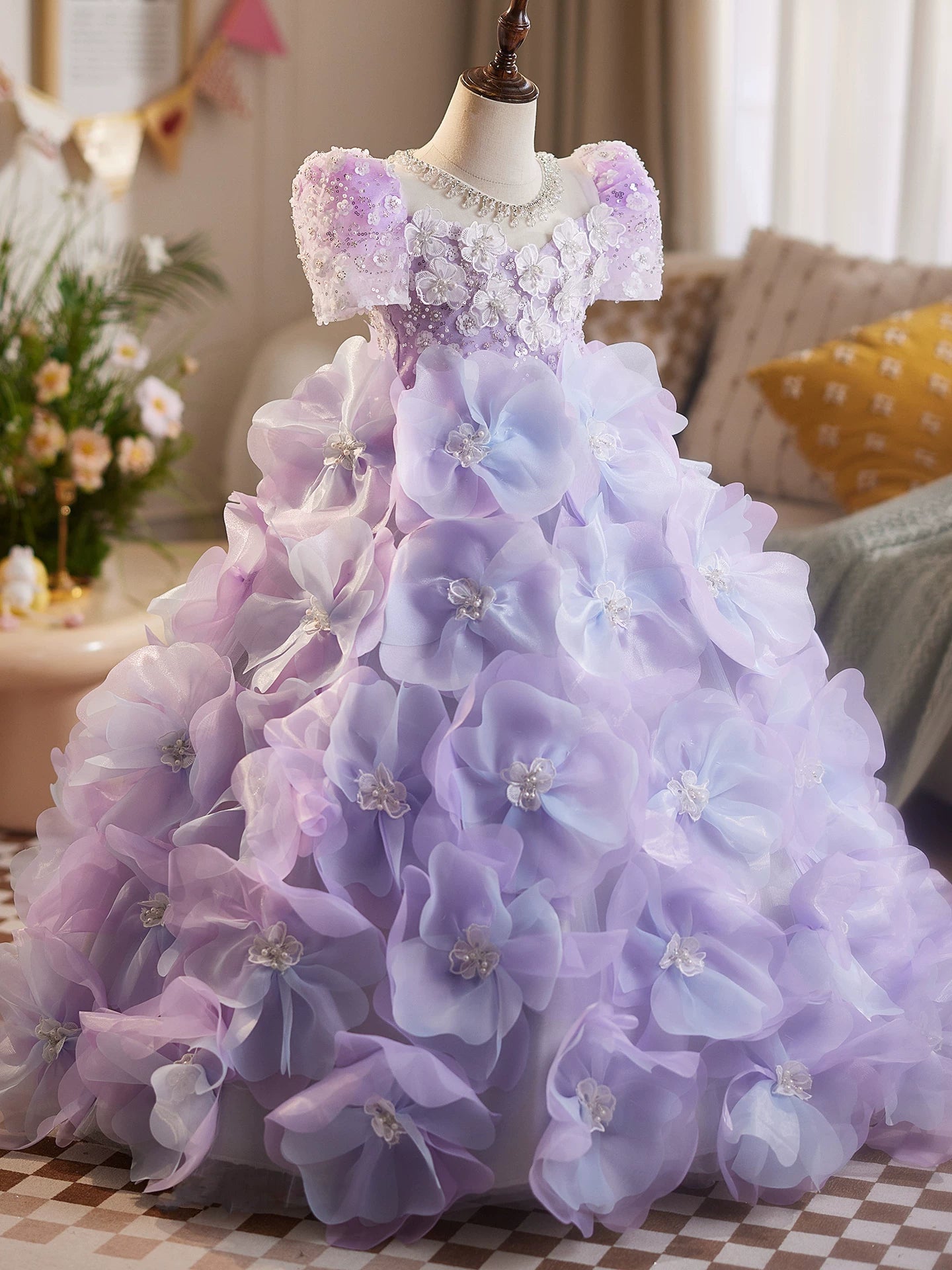 Lavender Princess A-Line Maxi Dress for Girls with Appliqué, Sequins & Beads | Floor Length Flower Girl Gown