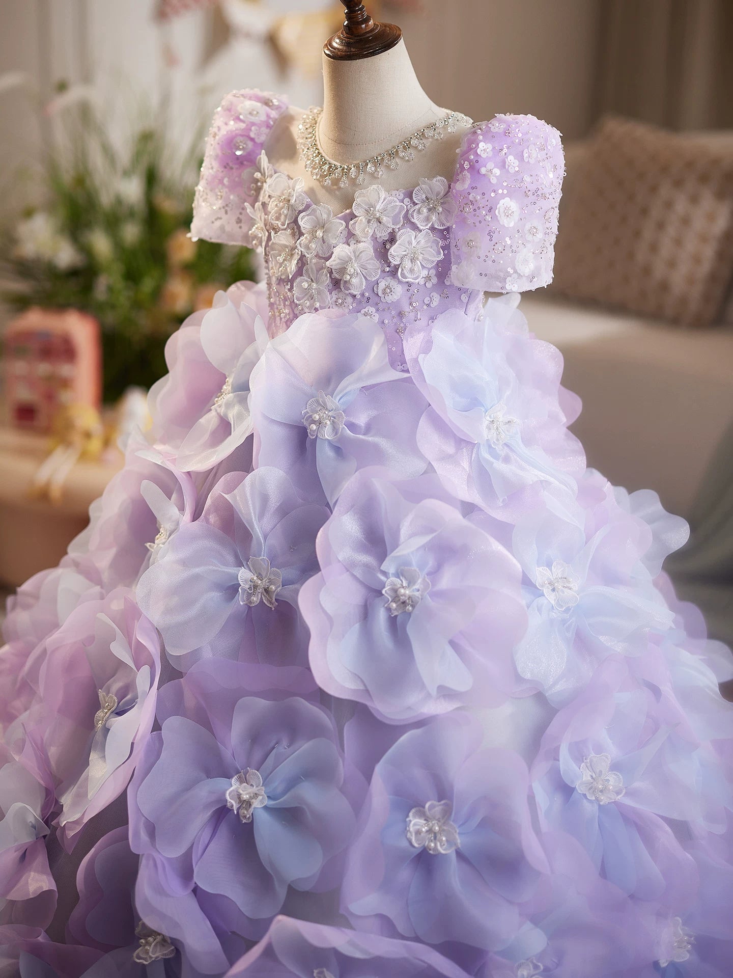 Lavender Princess A-Line Maxi Dress for Girls with Appliqué, Sequins & Beads | Floor Length Flower Girl Gown