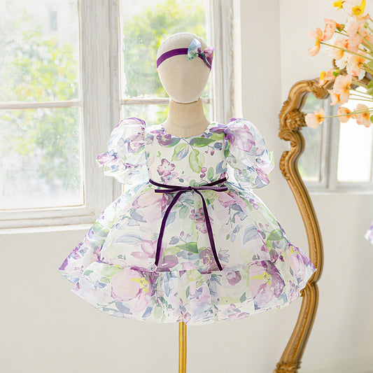 Lavender Princess Puffy Dress – Floral Print Ball Gown for Kids | Tea Length Party & Wedding Dress
