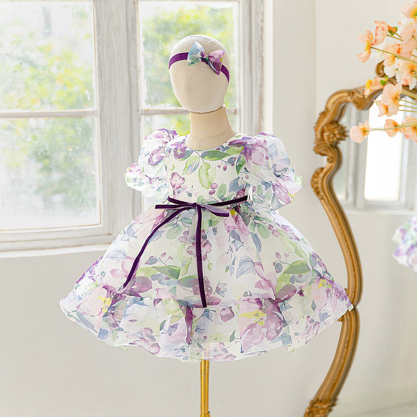 Frocklet Lavender Princess Puffy Dress – Floral Print Ball Gown for Kids | Tea Length Party & Wedding Dress 2