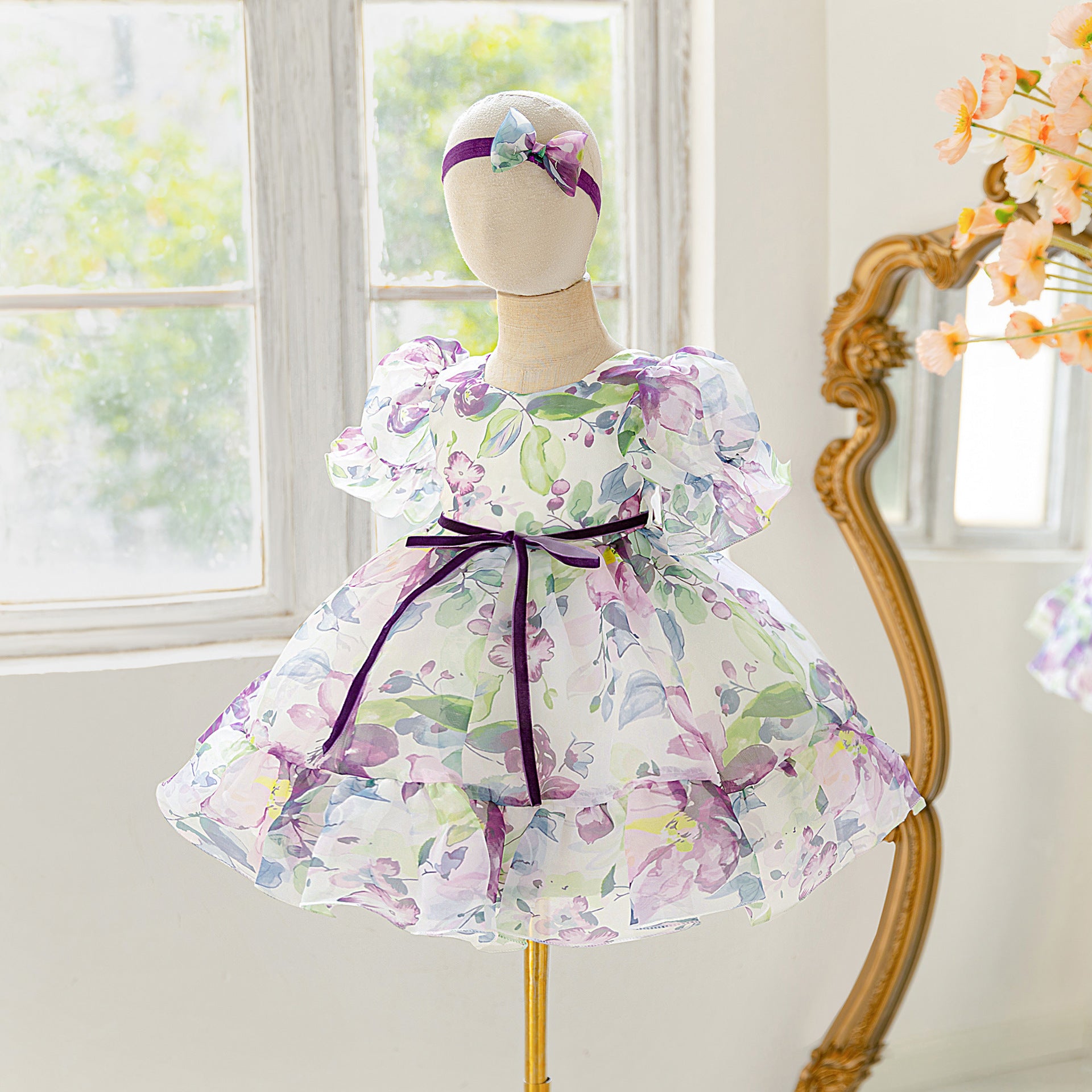 Frocklet Lavender Princess Puffy Dress – Floral Print Ball Gown for Kids | Tea Length Party & Wedding Dress 2