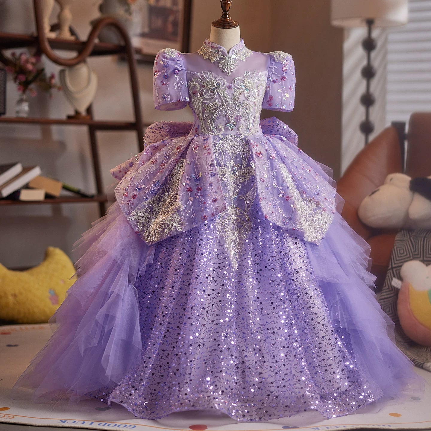 Lavender Sequin Princess Dress for Girls – Embroidered Maxi Gown for Parties & Weddings