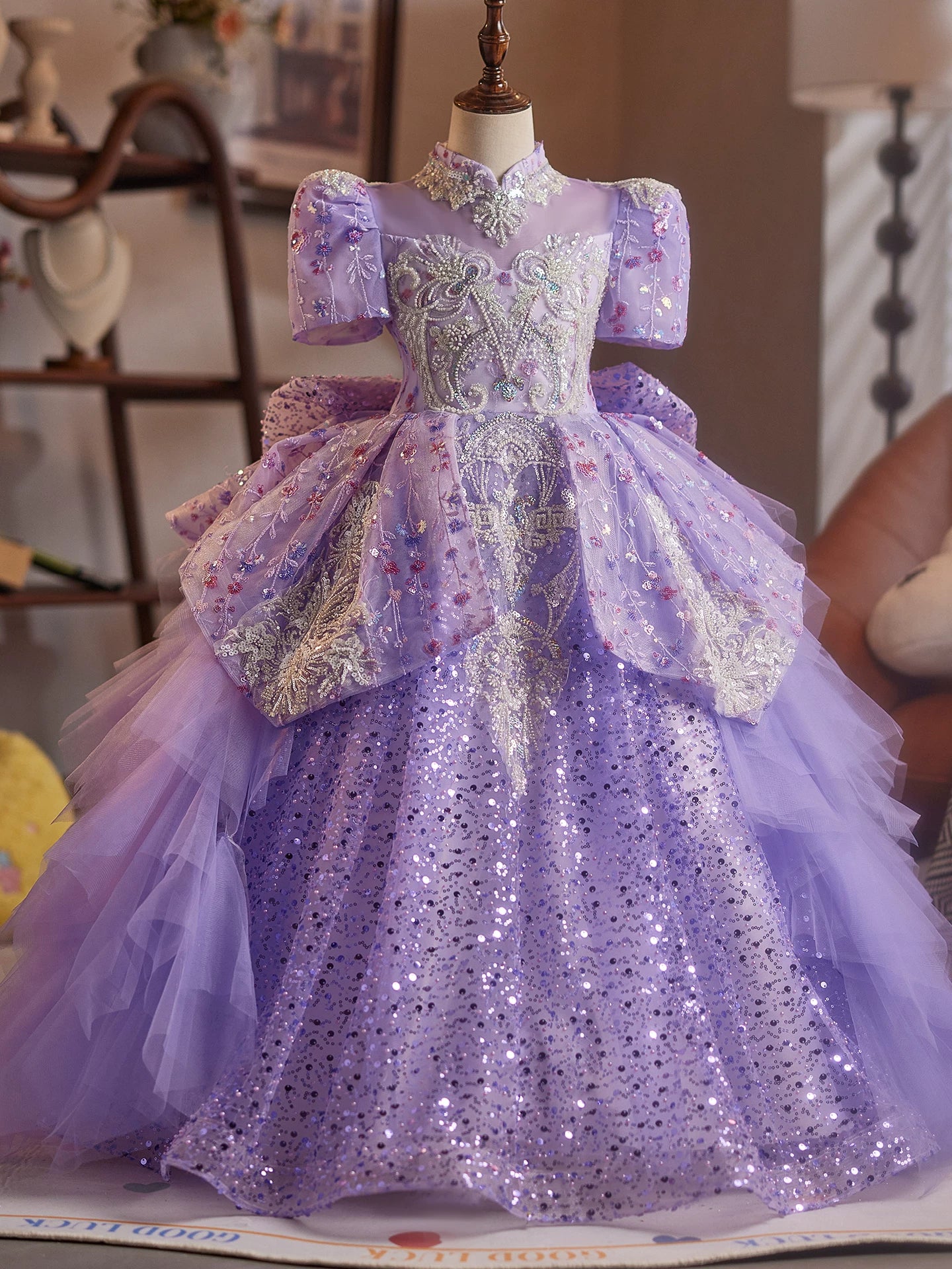 Lavender Sequin Princess Dress for Girls – Embroidered Maxi Gown for Parties & Weddings