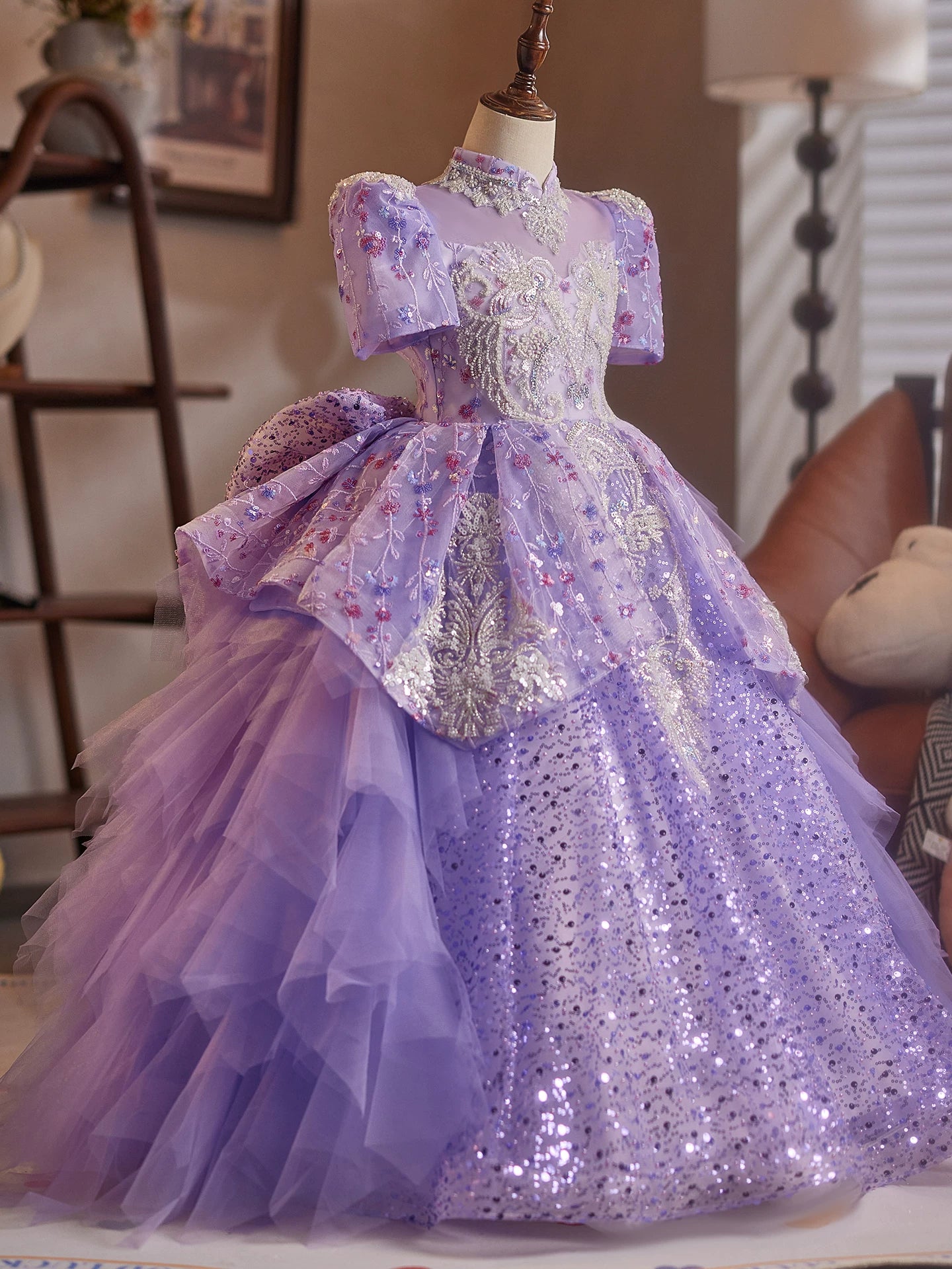 Lavender Sequin Princess Dress for Girls – Embroidered Maxi Gown for Parties & Weddings