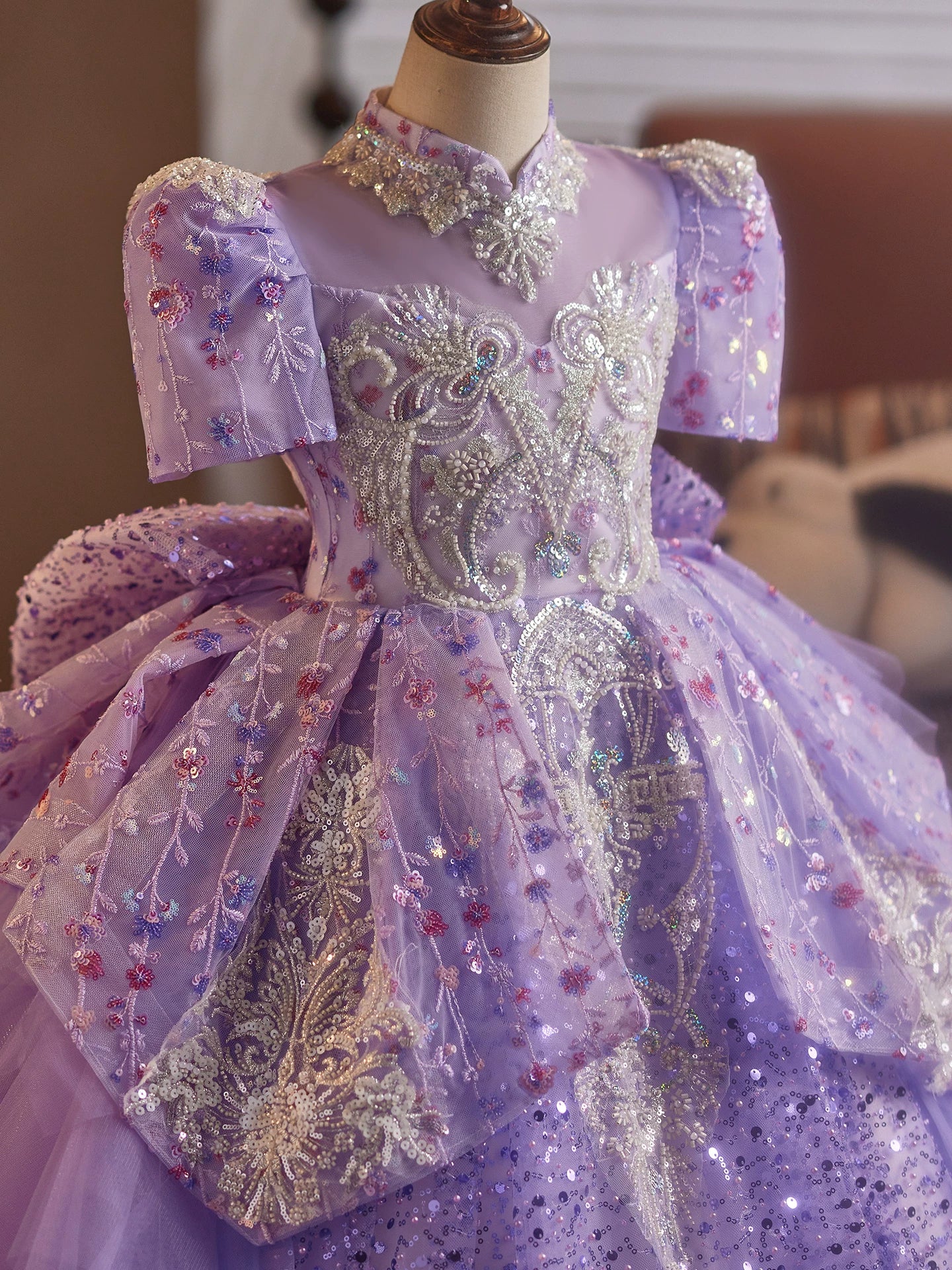 Lavender Sequin Princess Dress for Girls – Embroidered Maxi Gown for Parties & Weddings