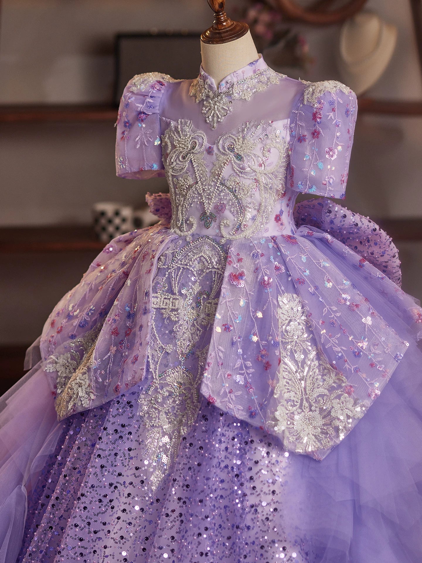 Lavender Sequin Princess Dress for Girls – Embroidered Maxi Gown for Parties & Weddings