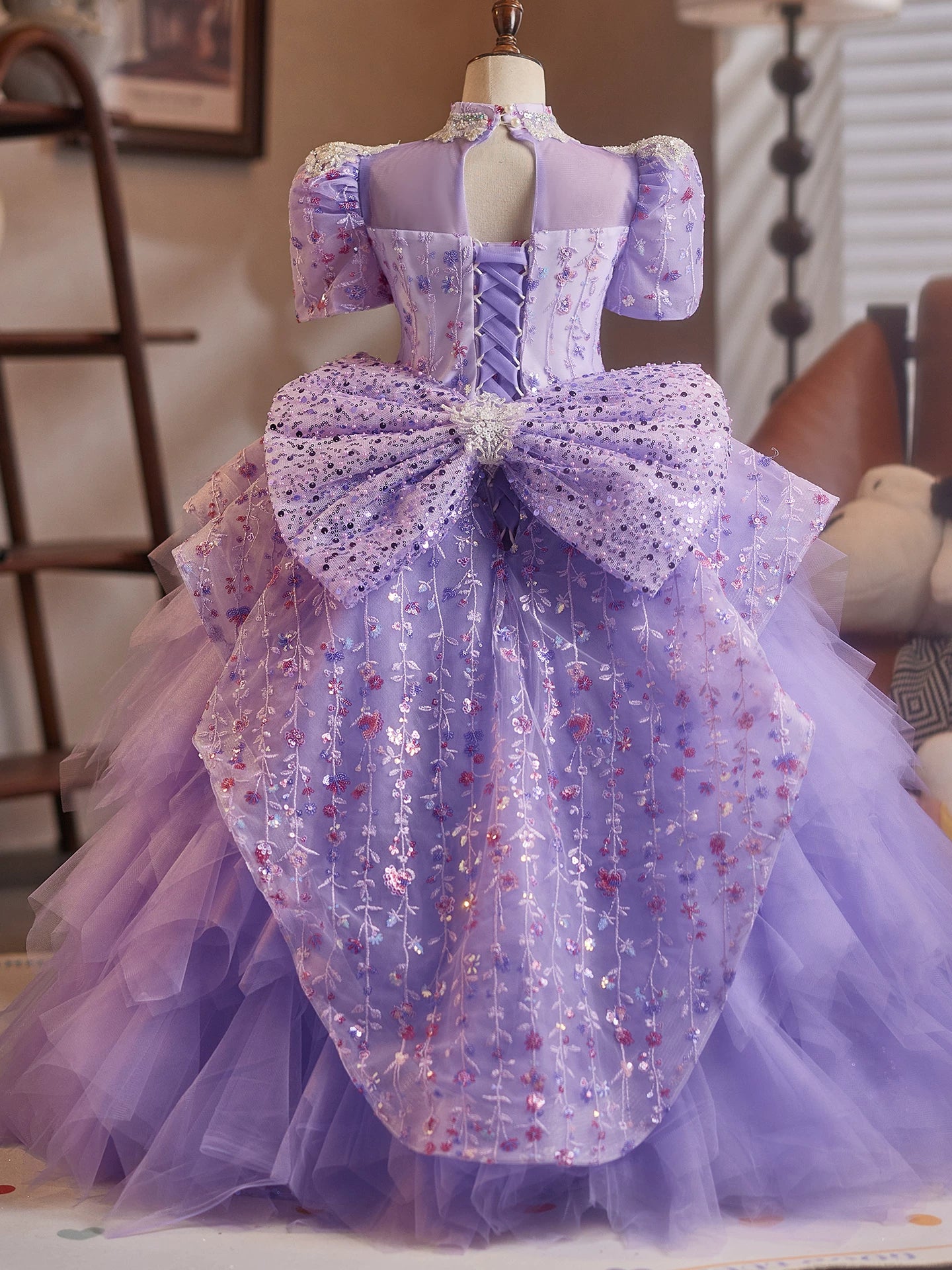 Lavender Sequin Princess Dress for Girls – Embroidered Maxi Gown for Parties & Weddings