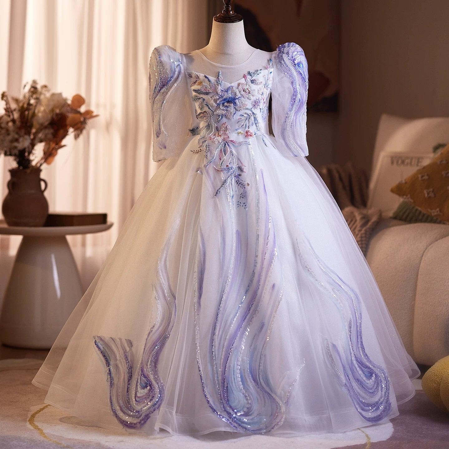 Lavender Sequin Maxi Dress for Girls – Embroidered Flower Girl & Party Dress