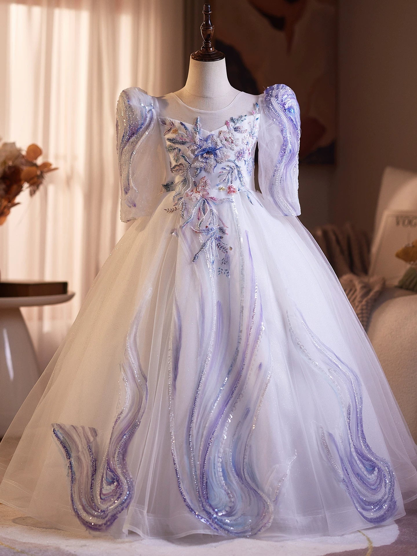 Lavender Sequin Maxi Dress for Girls – Embroidered Flower Girl & Party Dress