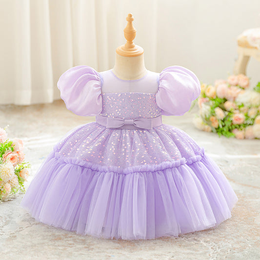 Lavender Sequin Puffy Ball Gown Dress with Bow for Girls – Princess Dress for Parties, Weddings & Photo Shoots