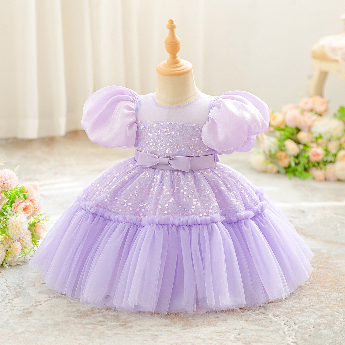 Frocklet Lavender Sequin Puffy Ball Gown Dress with Bow for Girls – Princess Dress for Parties, Weddings & Photo Shoots 2