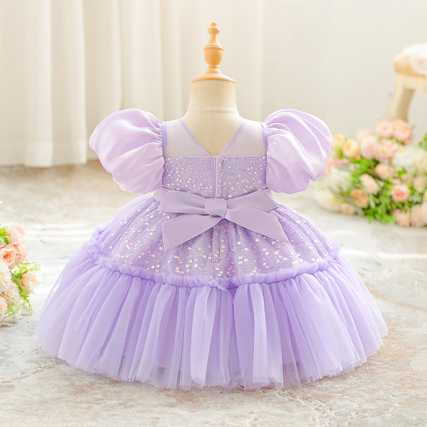 Frocklet Lavender Sequin Puffy Ball Gown Dress with Bow for Girls – Princess Dress for Parties, Weddings & Photo Shoots 3