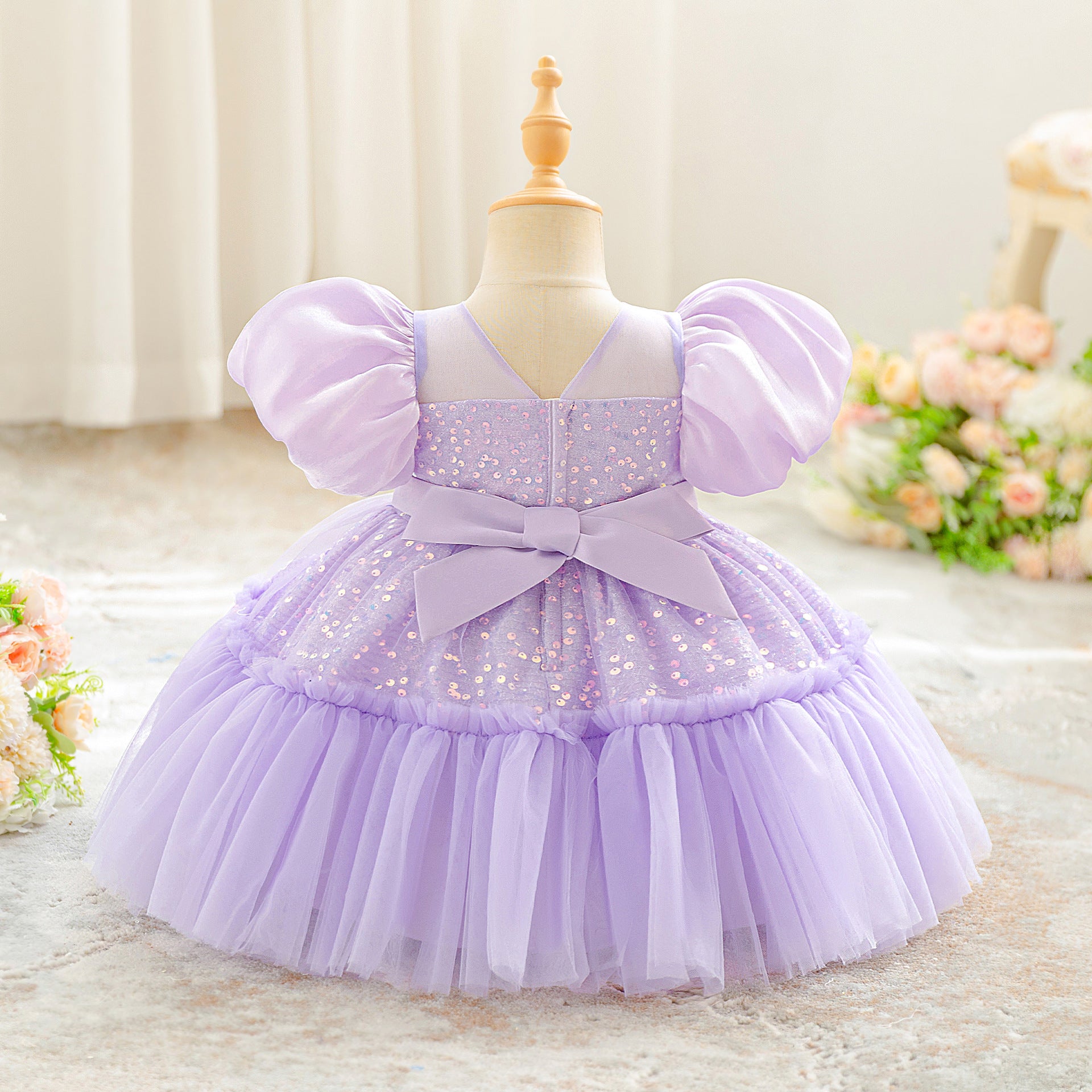 Frocklet Lavender Sequin Puffy Ball Gown Dress with Bow for Girls – Princess Dress for Parties, Weddings & Photo Shoots 3
