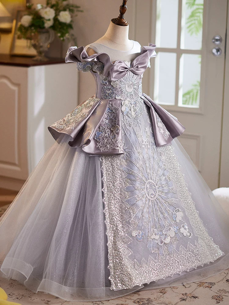 Lavender Off-Shoulder Sequin Maxi Dress for Girls – Party, Wedding, Flower Girl