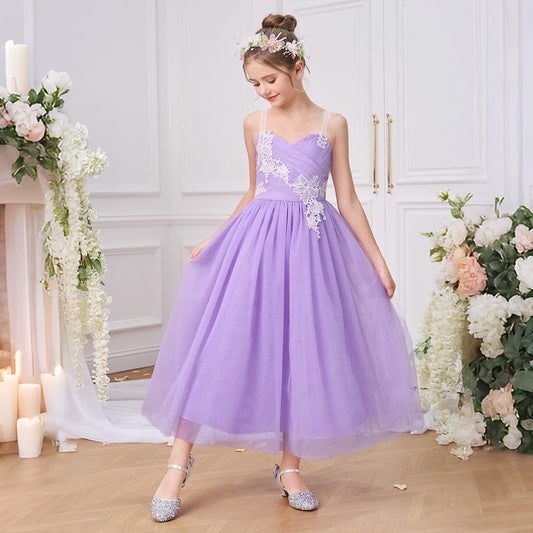 Lavender Tulle Appliqué Princess Dress for Girls – Flower Girl, Party & Photo Shoot