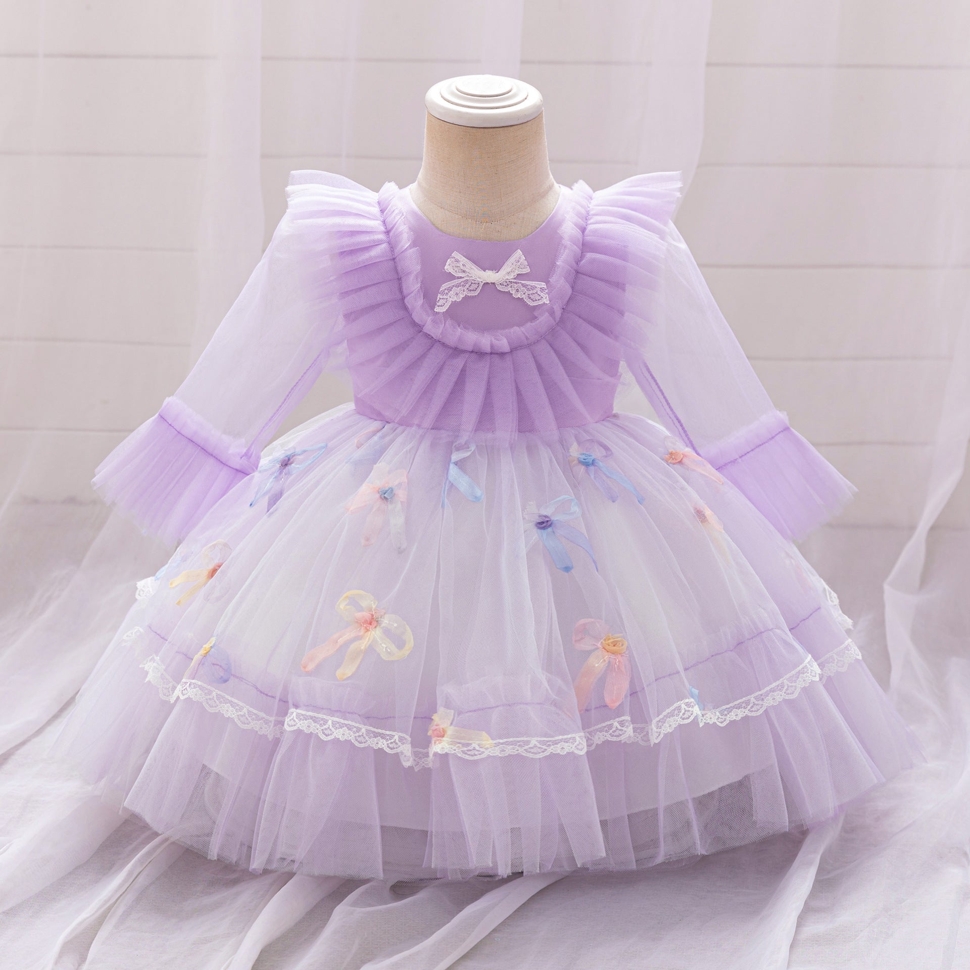 Lavender Tulle Princess Dress for Girls - Bowknot & Lace Party Gown