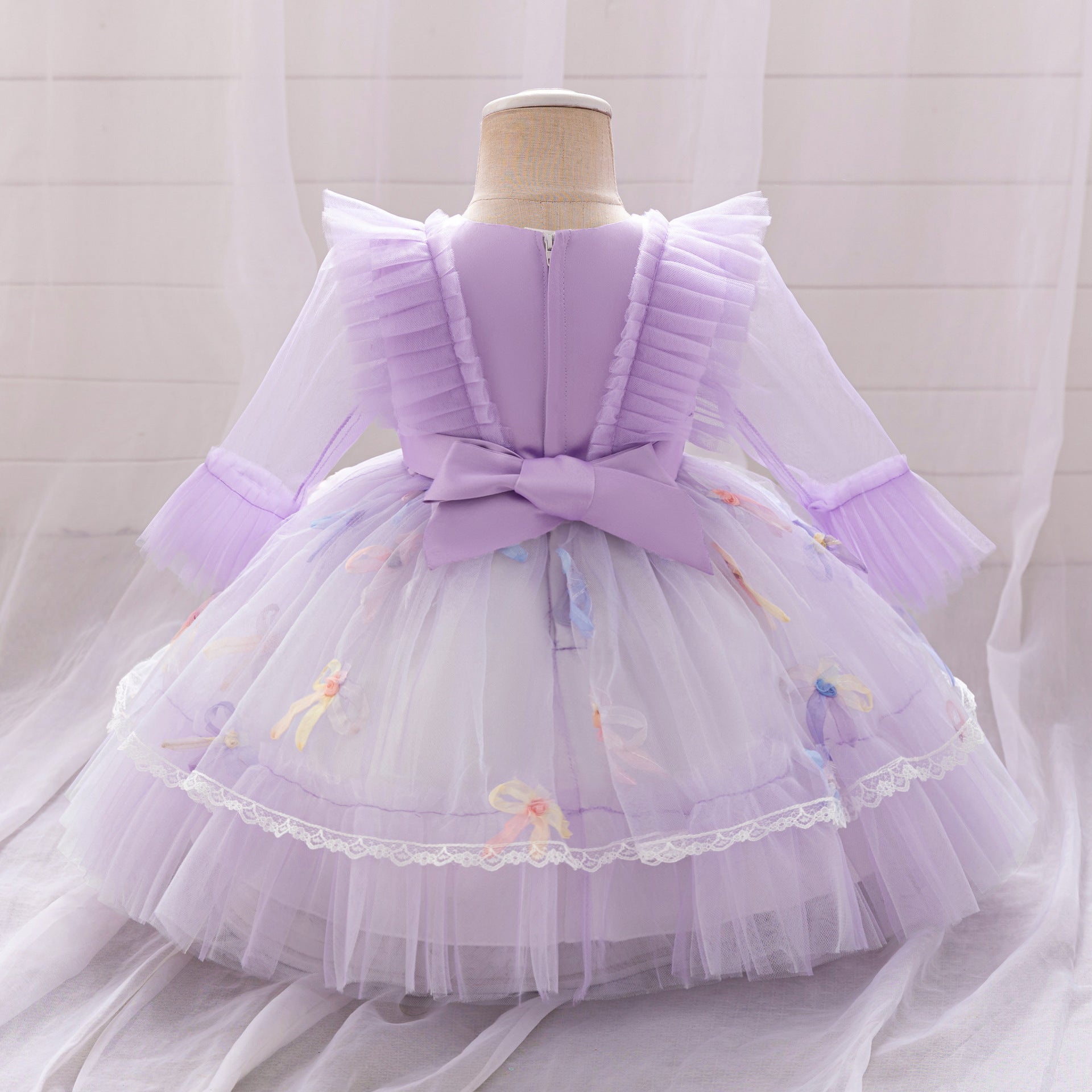 Lavender Tulle Princess Dress for Girls - Bowknot & Lace Party Gown