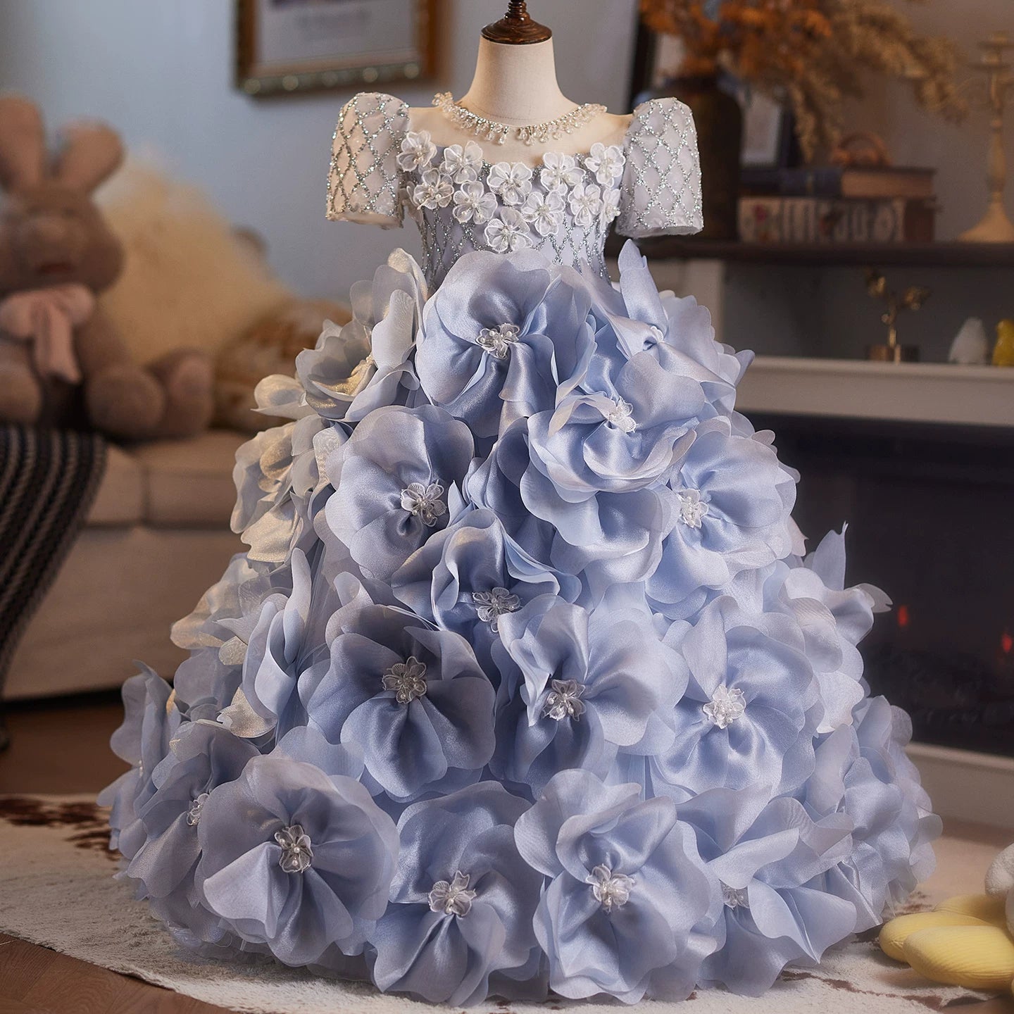 Light Blue A-Line Mesh Princess Dress for Girls – Maxi Sequin & Floral Party Gown