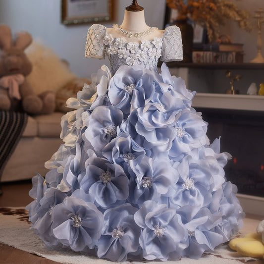 Light Blue A-Line Mesh Princess Dress for Girls – Maxi Sequin & Floral Party Gown