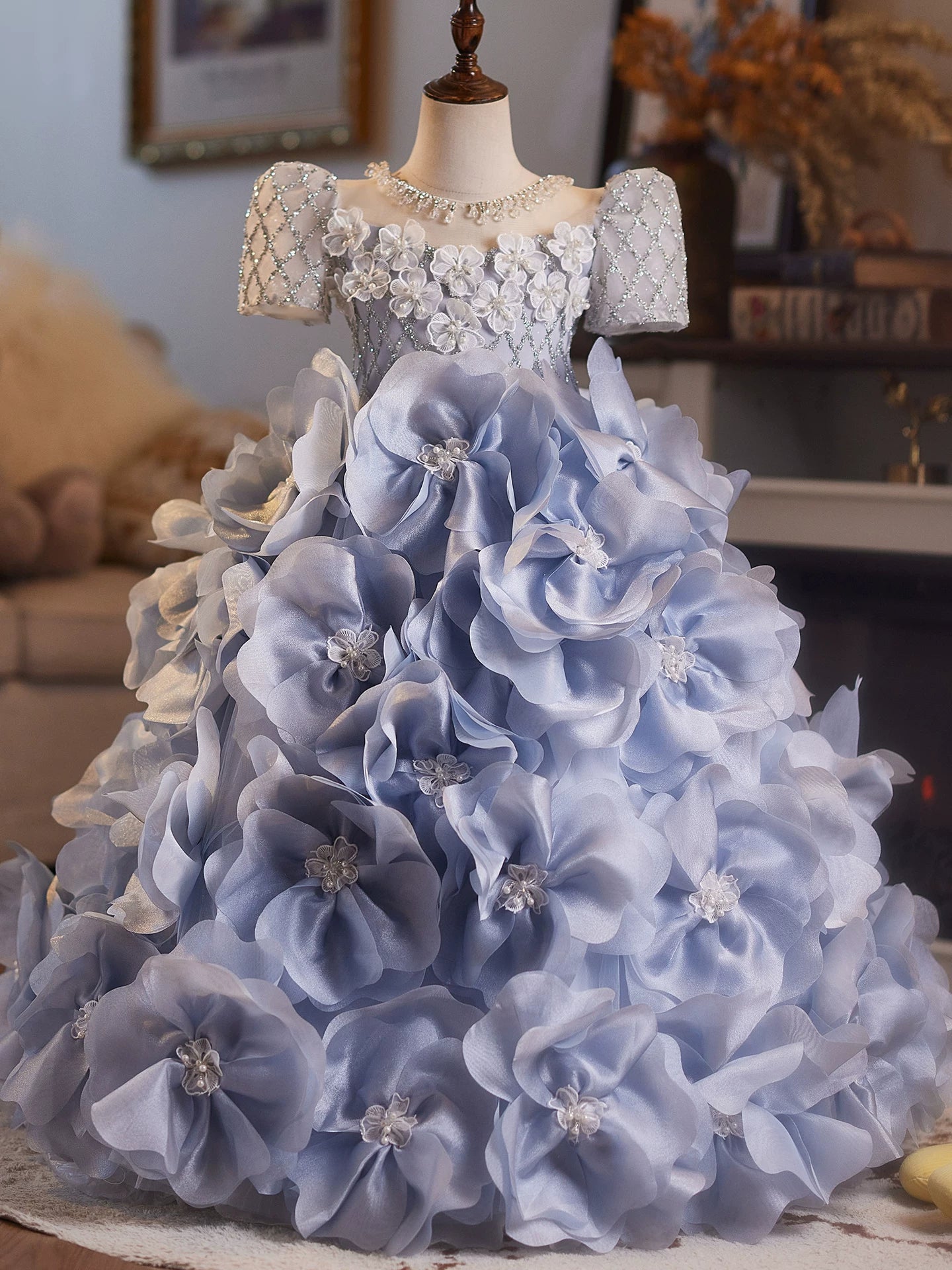 Light Blue A-Line Mesh Princess Dress for Girls – Maxi Sequin & Floral Party Gown