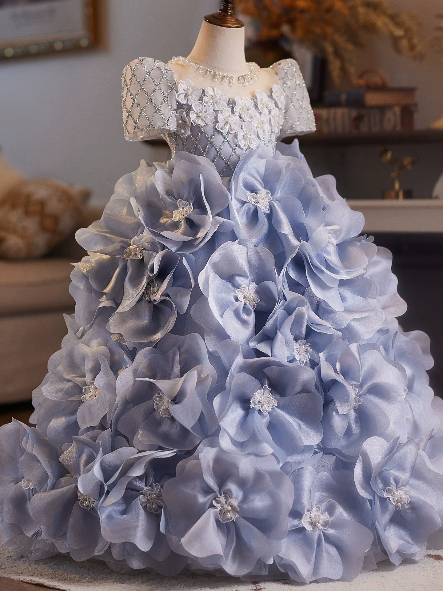 Light Blue A-Line Mesh Princess Dress for Girls – Maxi Sequin & Floral Party Gown