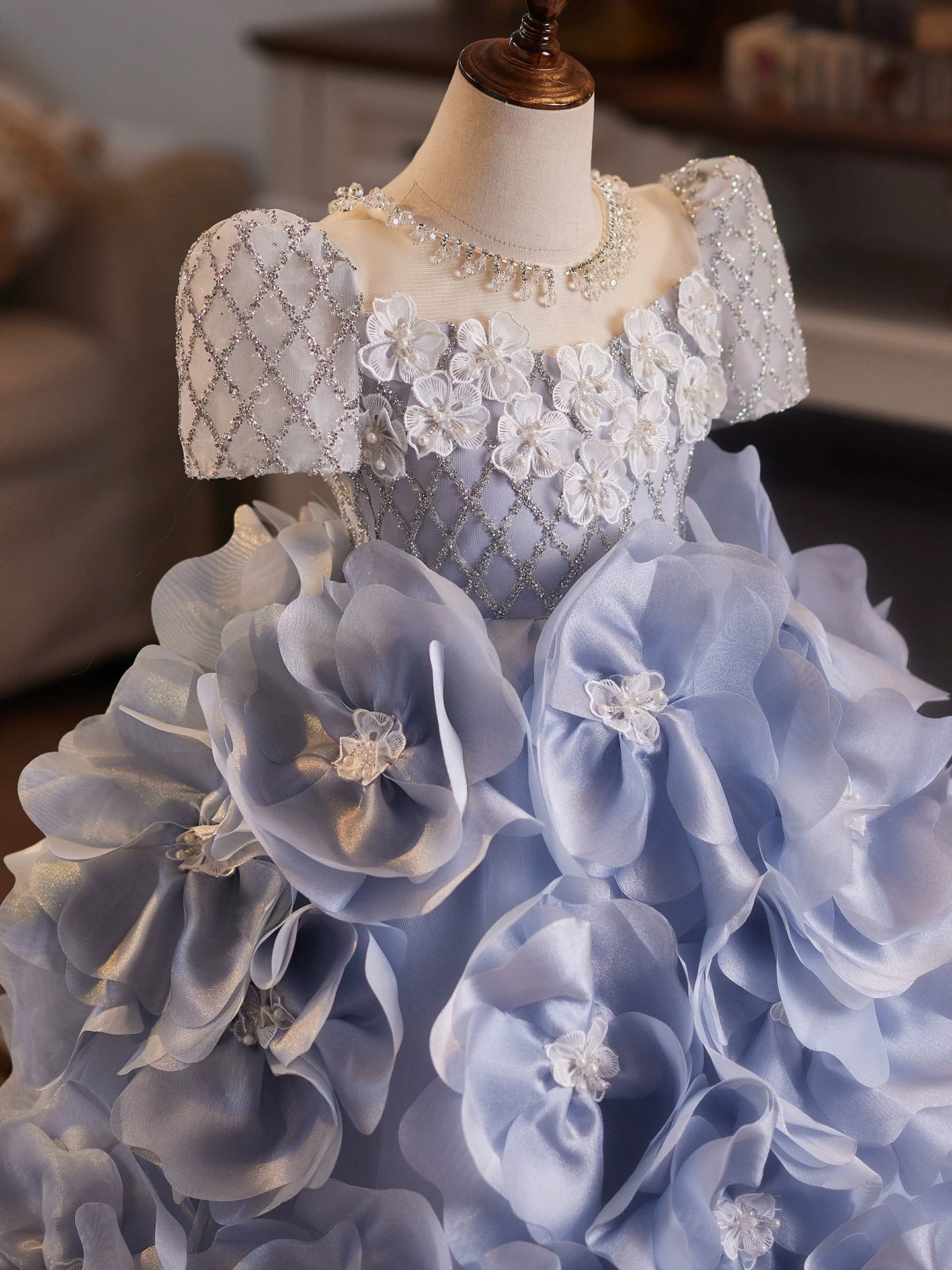 Light Blue A-Line Mesh Princess Dress for Girls – Maxi Sequin & Floral Party Gown