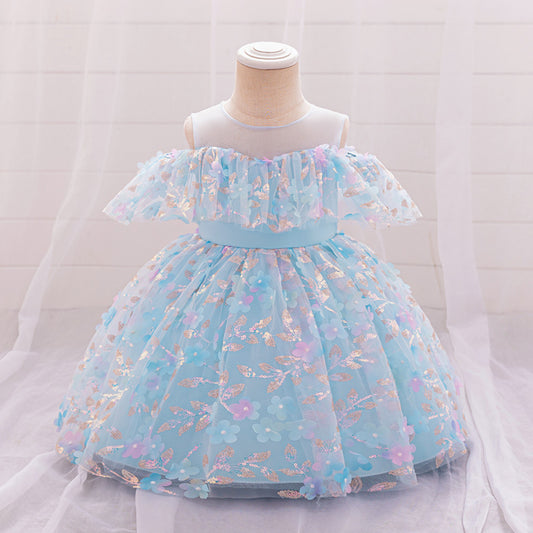 Light Blue Puffy Off-Shoulder Flower Girl Dress for Parties & Weddings