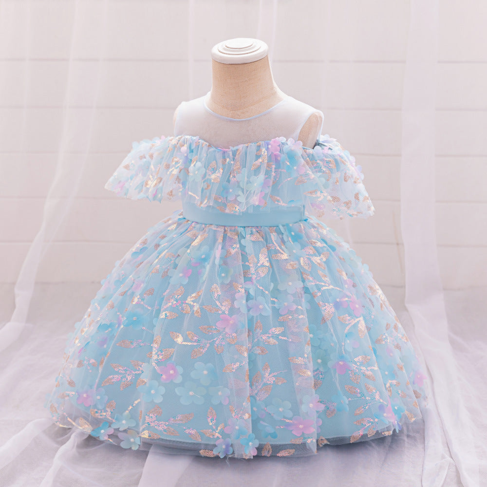 Light Blue Puffy Off-Shoulder Flower Girl Dress for Parties & Weddings
