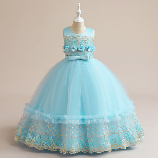 Light Blue Embroidered Maxi Tulle Dress for Girls – Flower Girl & Party Gown